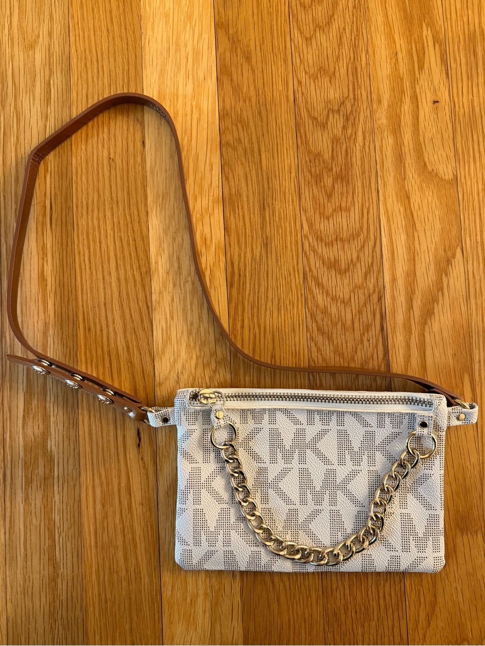 NWOT Michael Kors Beige and Brown Chain Belt Bag Fanny Pack with MK logo